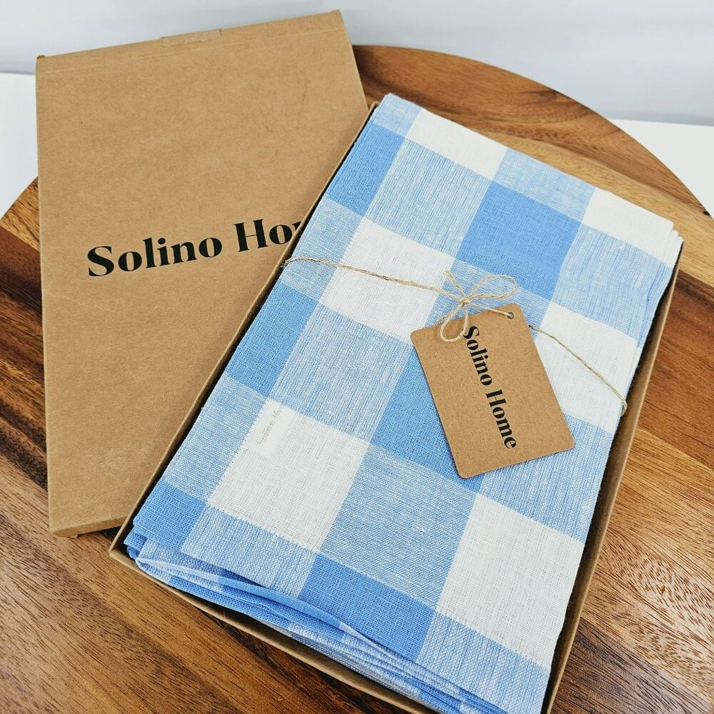 Solino Home Napkins Buffalo Check Set of 4 Pure Linen Hydrangea Blue Plaid New